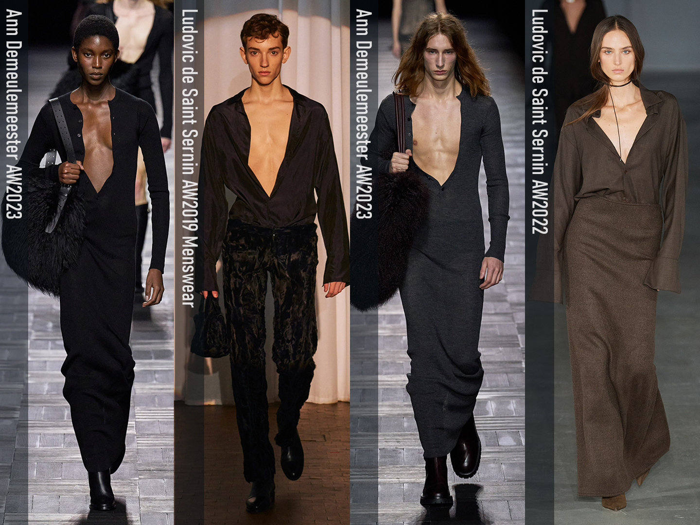 Ann Demeulemeester 2023 Looks 18 and 20 vs Ludovic de Saint Sernin AW2022 Look 3 and AW2019 Menswear Look 11